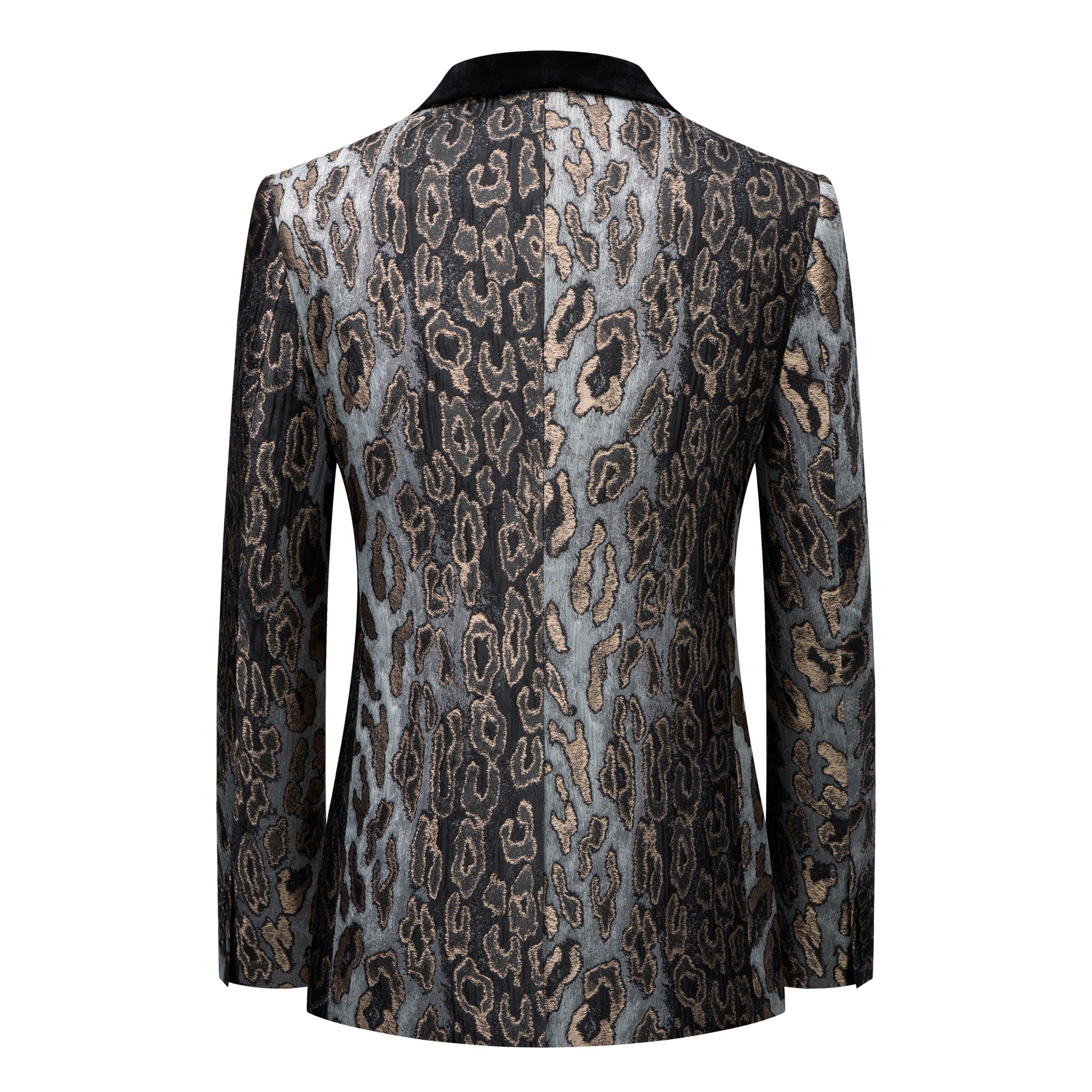 Front view of a men's black, gold, and grey leopard print tuxedo jacket with a black velvet shawl lapel and one-button