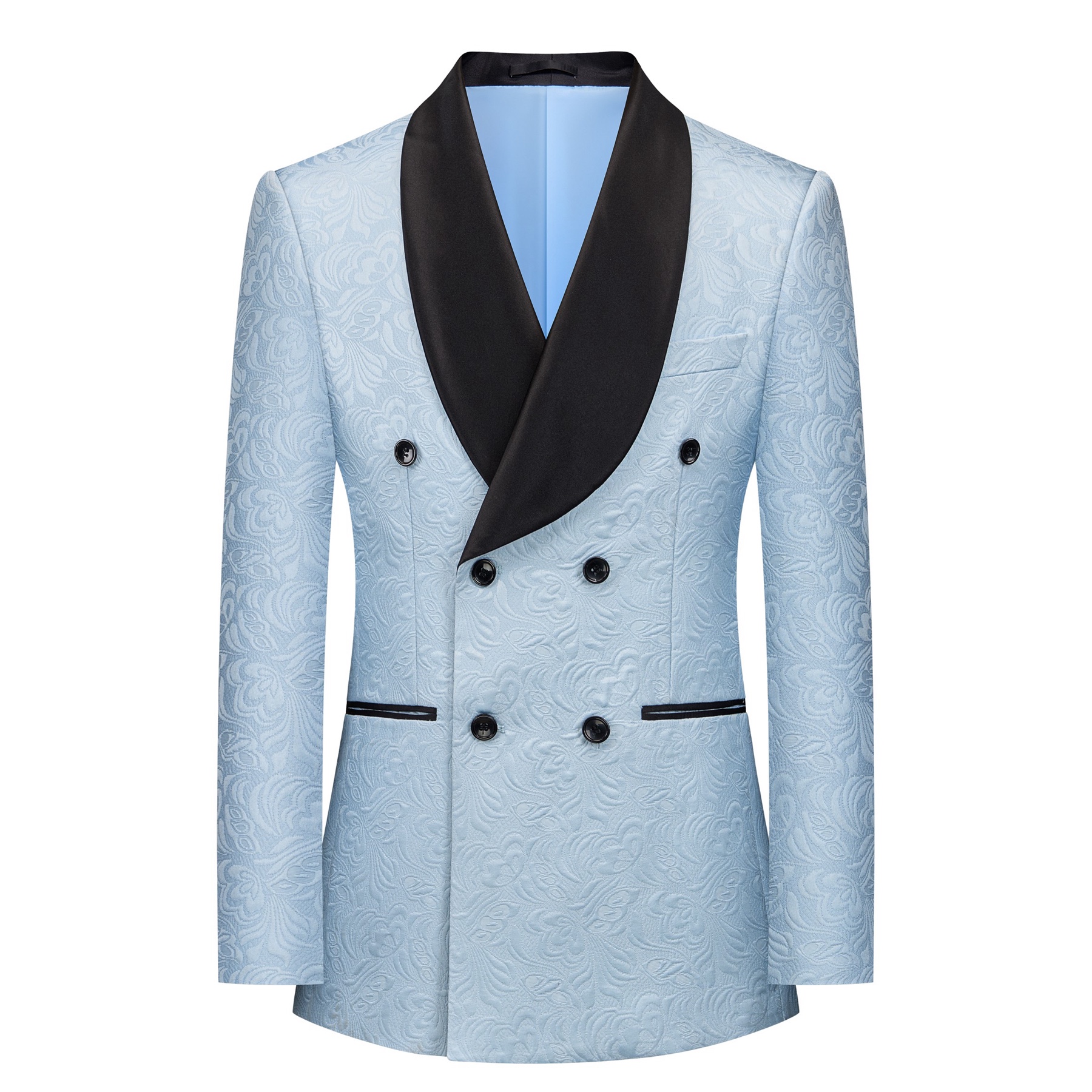 Front view of a men's light blue double-breasted blazer with a floral jacquard pattern and black shawl lapel.