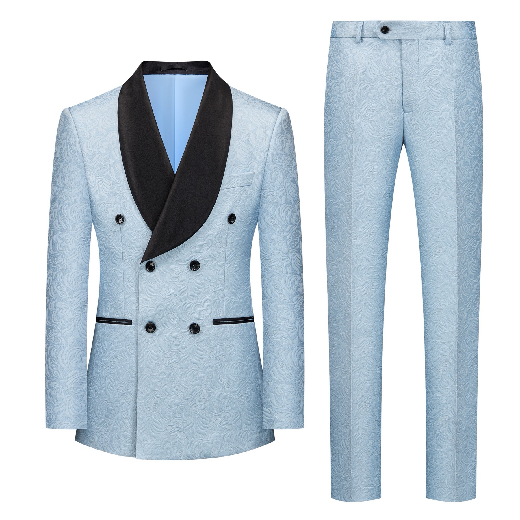 Front view of a men's light blue double-breasted blazer with a floral jacquard pattern and black shawl lapel.