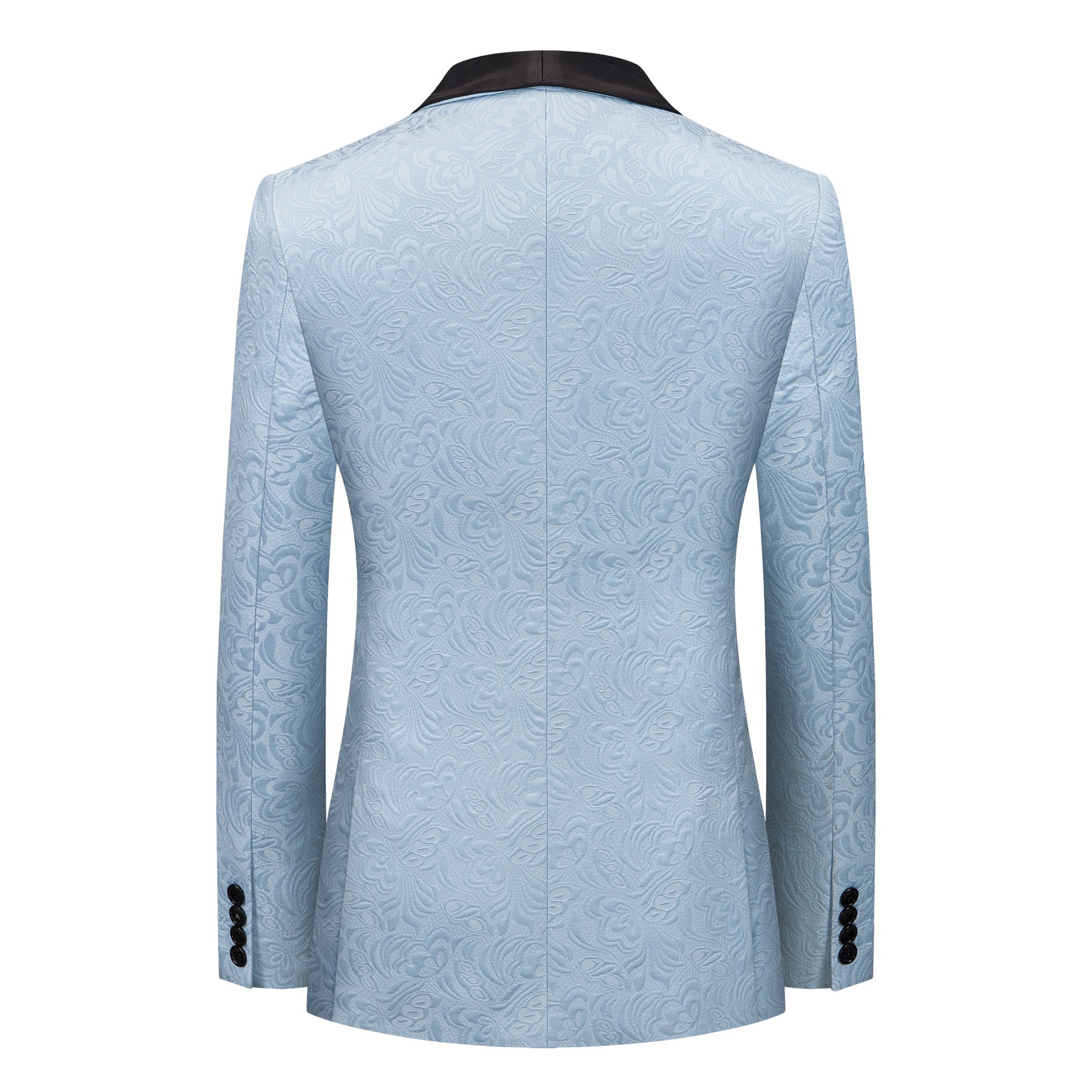 Front view of a men's light blue double-breasted blazer with a floral jacquard pattern and black shawl lapel.