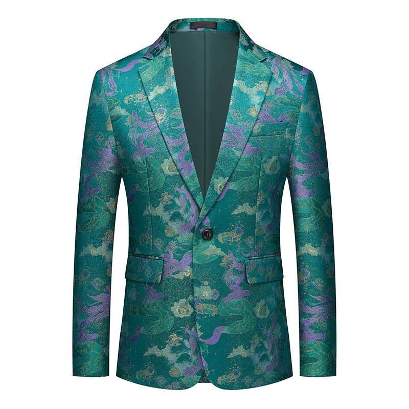 Front view of a men's teal jacquard patterned blazer with purple and gold floral motifs and a single black button closure.
