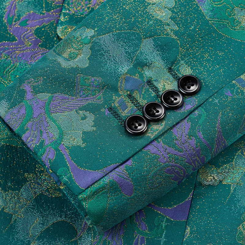 Front view of a men's teal jacquard patterned blazer with purple and gold floral motifs and a single black button closure.