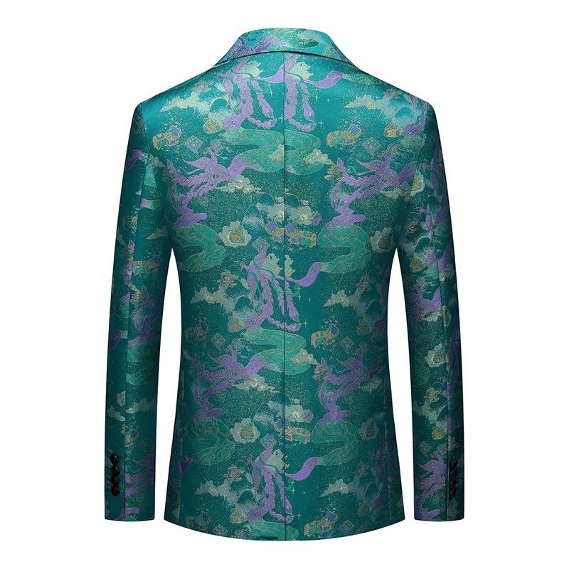 Front view of a men's teal jacquard patterned blazer with purple and gold floral motifs and a single black button closure.