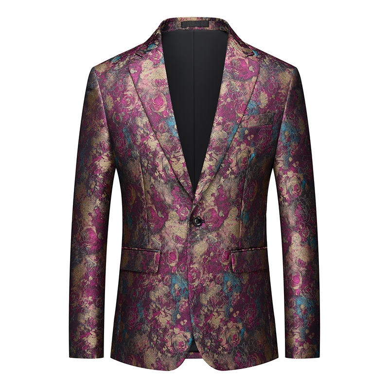 Front view of a men's purple, gold, and teal floral jacquard one-button blazer with notched lapels and flap pockets.