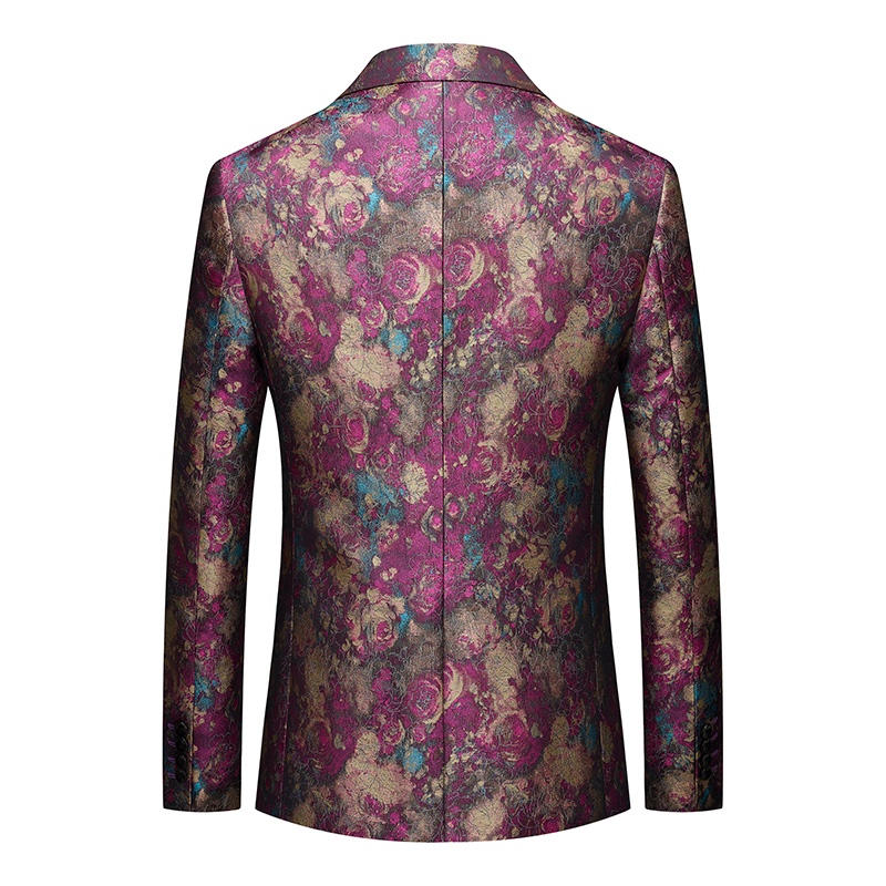 Front view of a men's purple, gold, and teal floral jacquard one-button blazer with notched lapels and flap pockets.