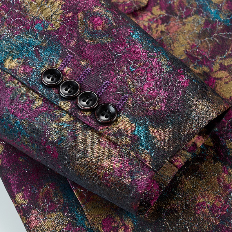 Front view of a men's purple, gold, and teal floral jacquard one-button blazer with notched lapels and flap pockets.