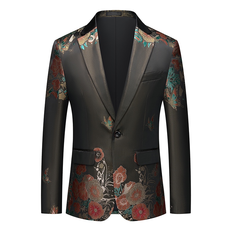 Front view of a dark grey men's blazer with vibrant floral and butterfly jacquard pattern, one-button closure.