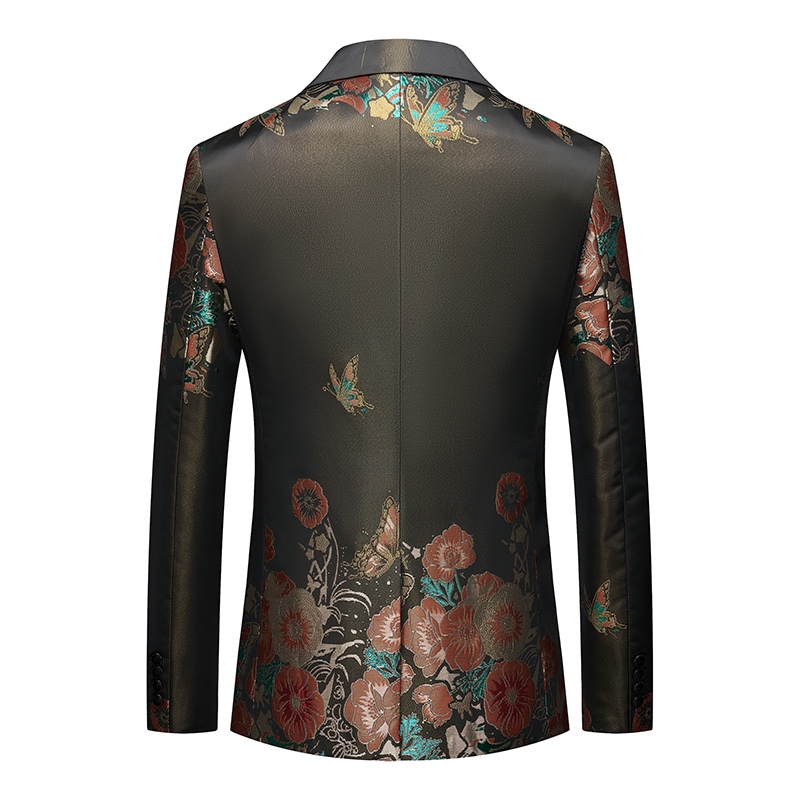 Front view of a dark grey men's blazer with vibrant floral and butterfly jacquard pattern, one-button closure.