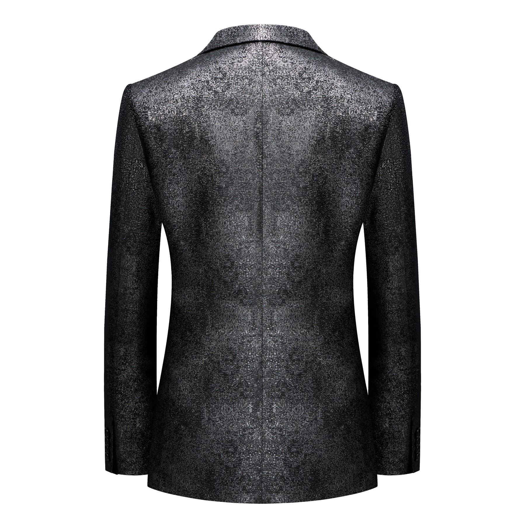 Front view of a men's sparkling black glitter tuxedo jacket with black satin peak lapels and one button closure.