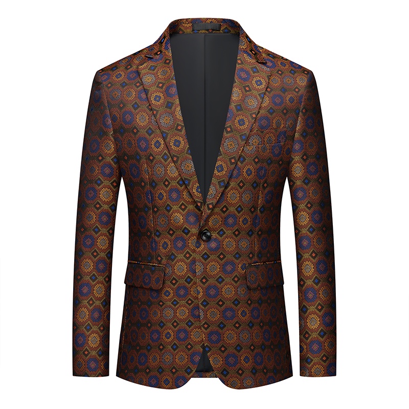 Front view of a men's brown, blue, and orange geometric jacquard blazer with one button closure.
