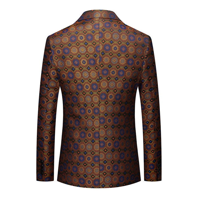 Front view of a men's brown, blue, and orange geometric jacquard blazer with one button closure.