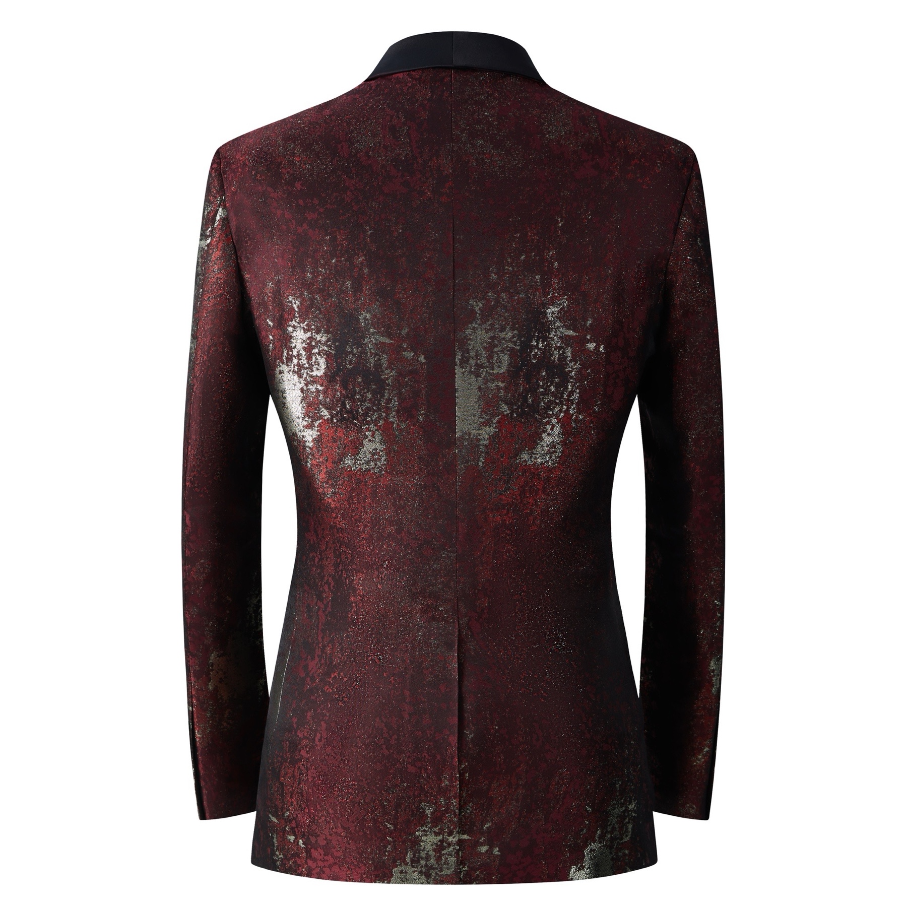 Doohoob Men's red metallic patterned suit jacket and waistcoat with black shawl lapel.