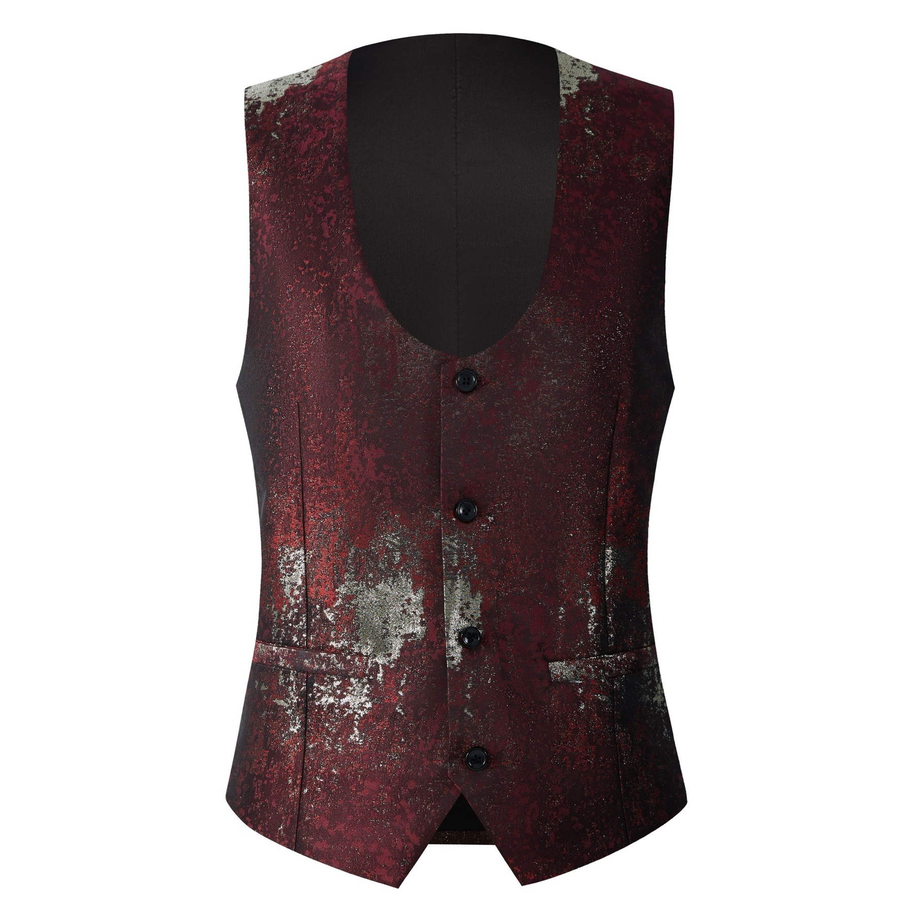Doohoob Men's red metallic patterned suit jacket and waistcoat with black shawl lapel.