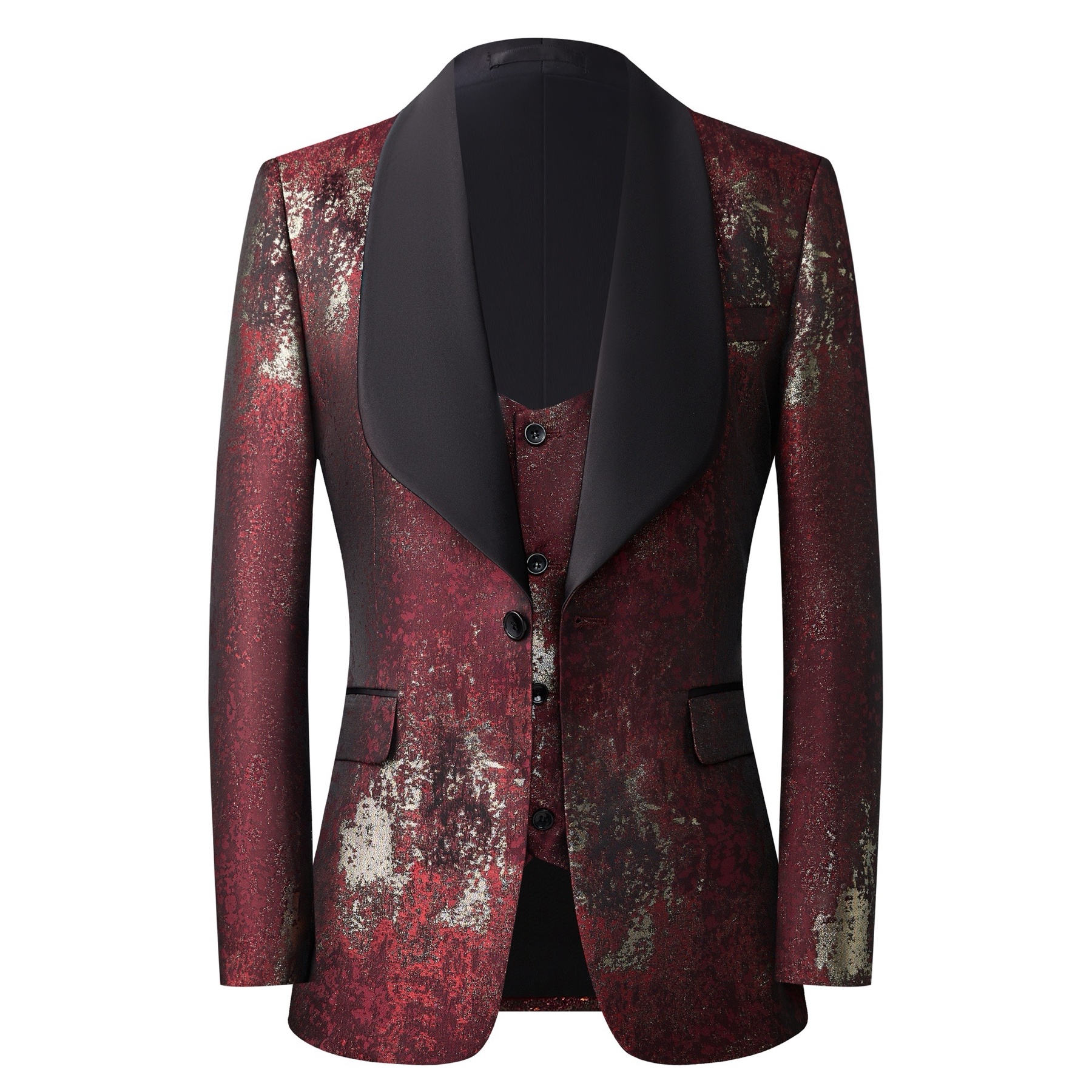 Doohoob Men's red metallic patterned suit jacket and waistcoat with black shawl lapel.