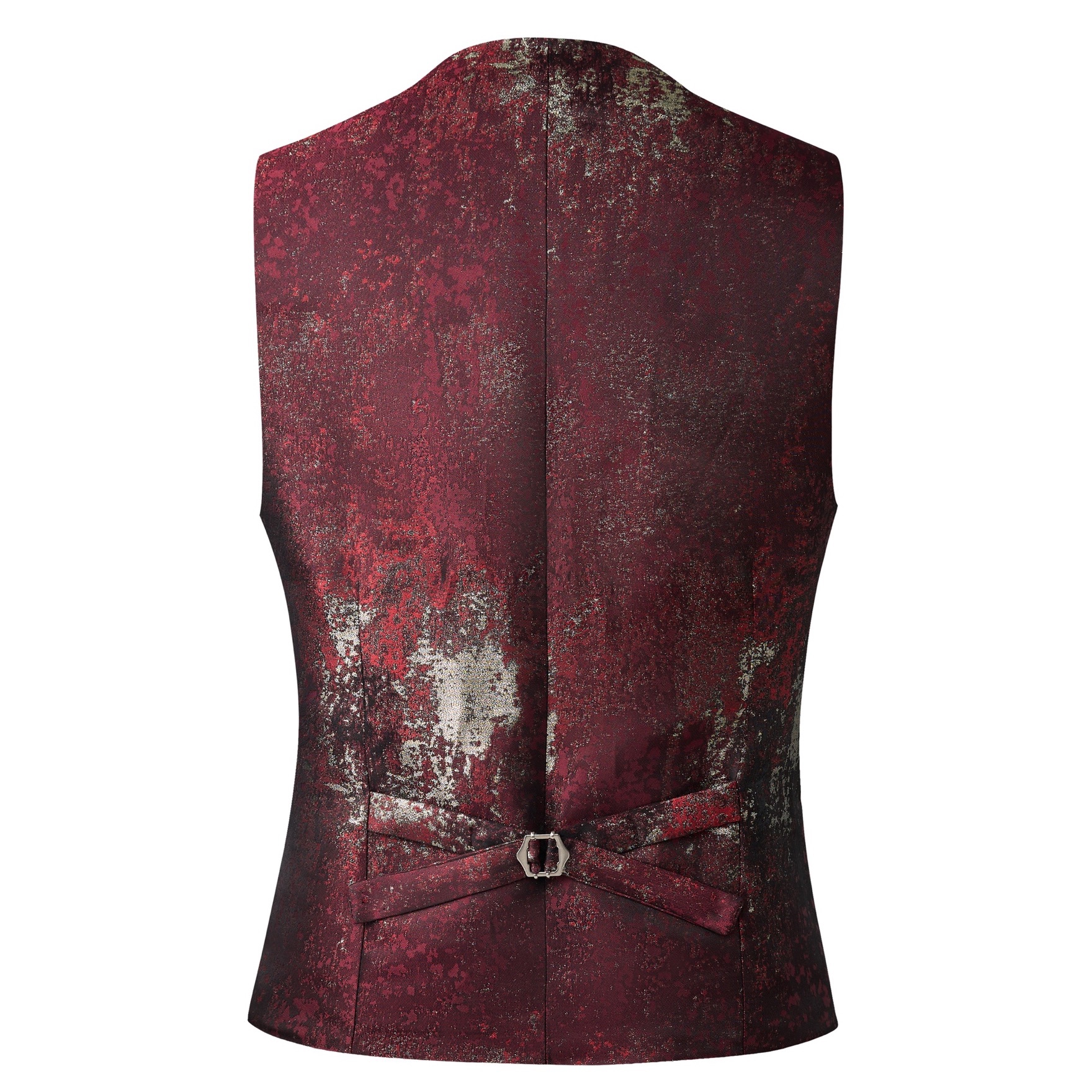 Doohoob Men's red metallic patterned suit jacket and waistcoat with black shawl lapel.