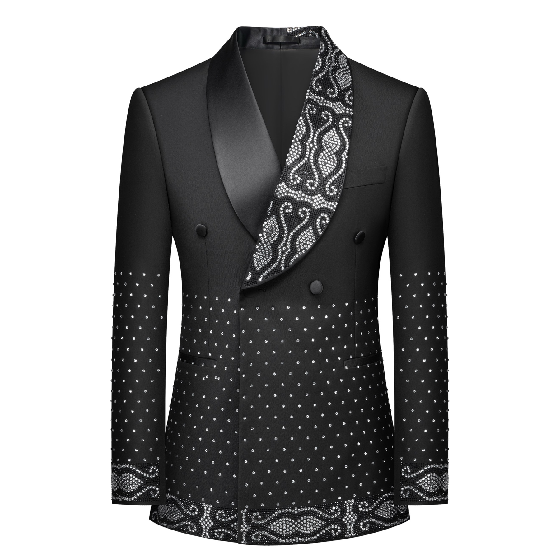 Front view of a men's black double-breasted tuxedo jacket with sequin-embellished shawl lapels, scattered rhinestones on the