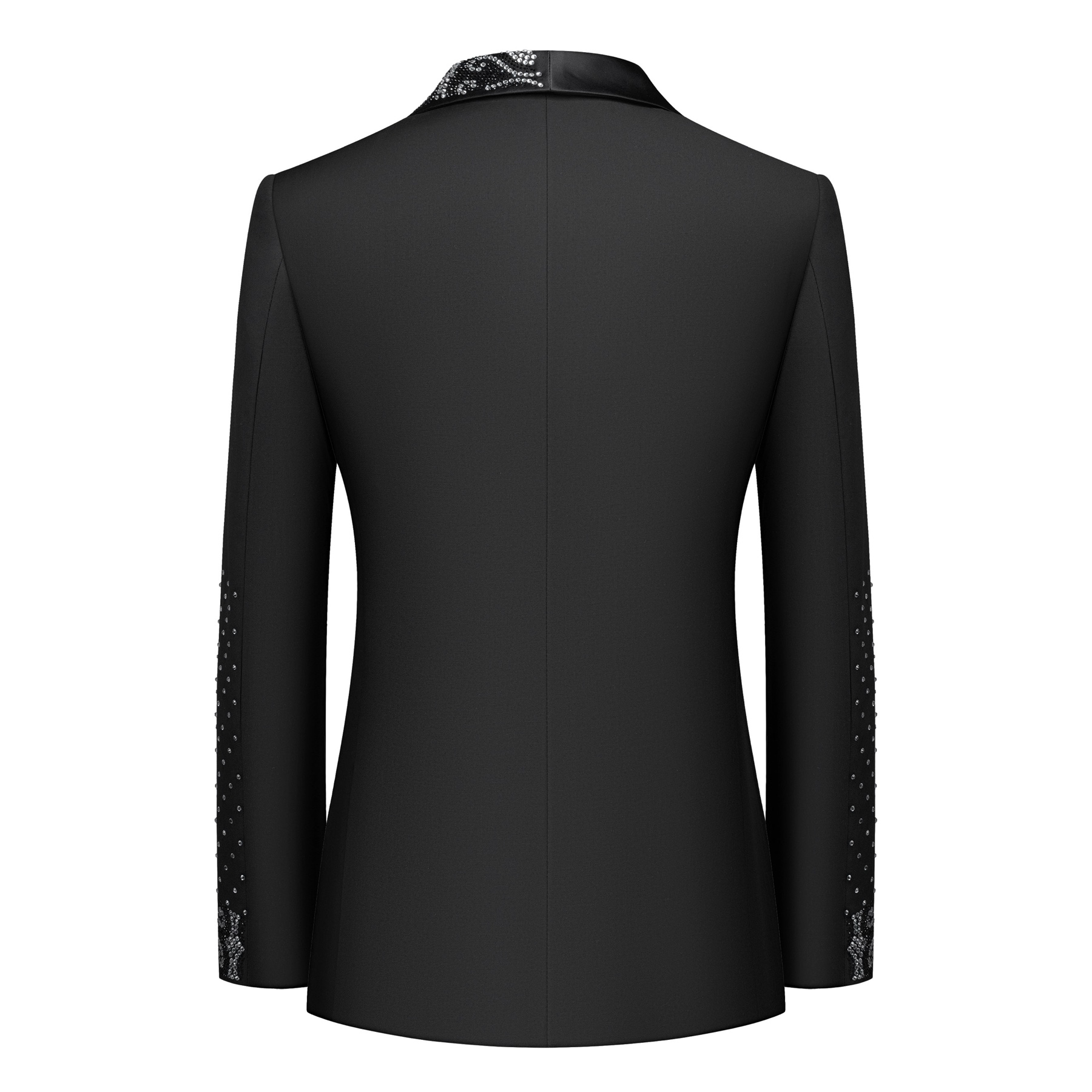 Front view of a men's black double-breasted tuxedo jacket with sequin-embellished shawl lapels, scattered rhinestones on the