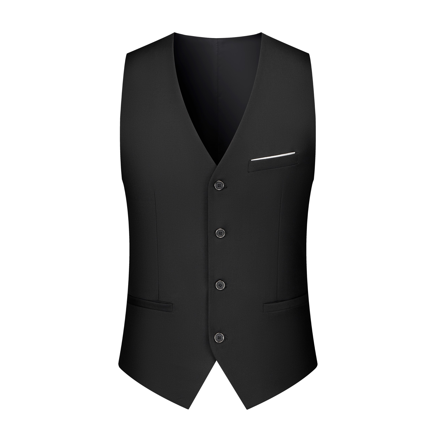 Front view of a men's black slim fit 3-piece suit with gold sequin lapels and pocket trim, including blazer, vest, and