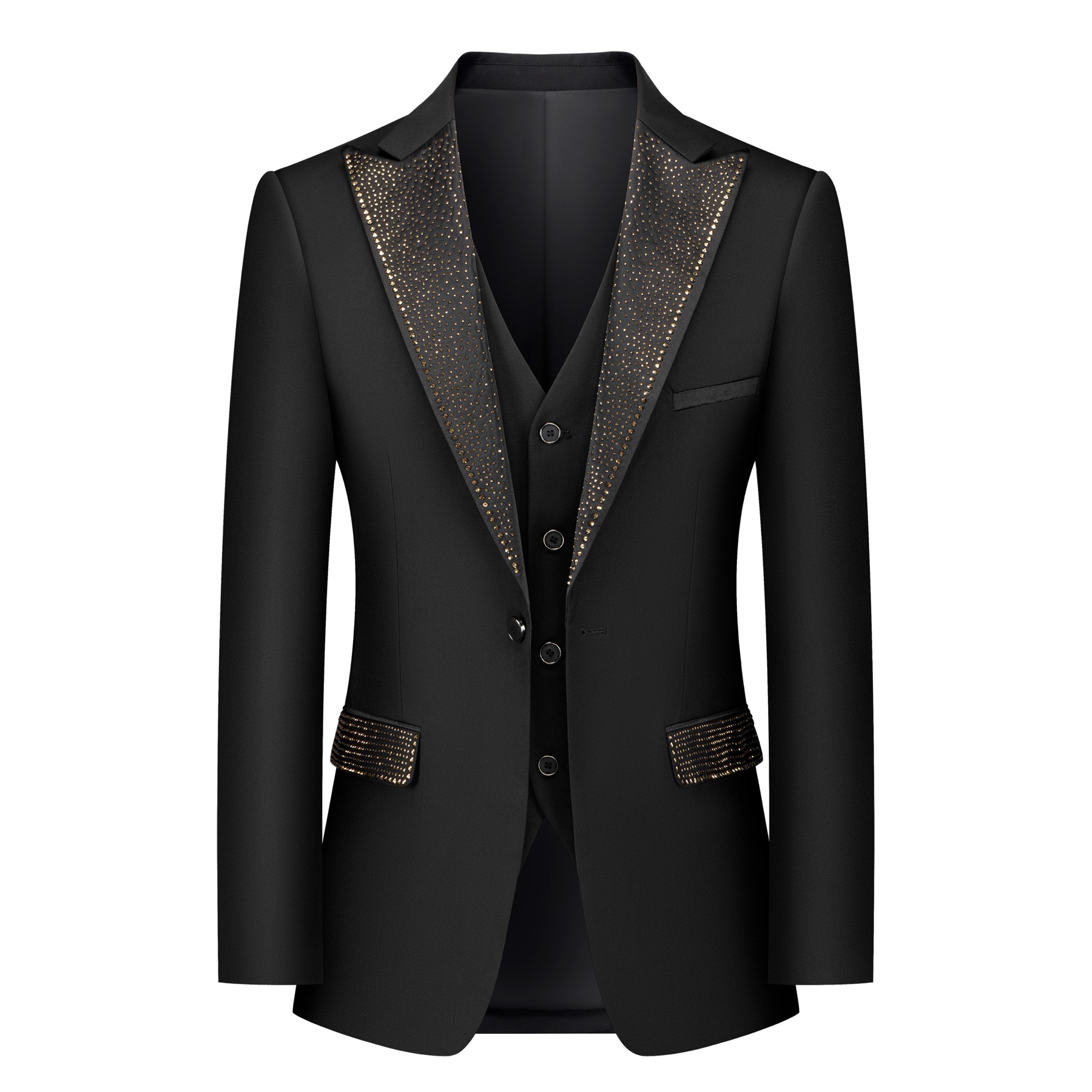 Front view of a men's black slim fit 3-piece suit with gold sequin lapels and pocket trim, including blazer, vest, and