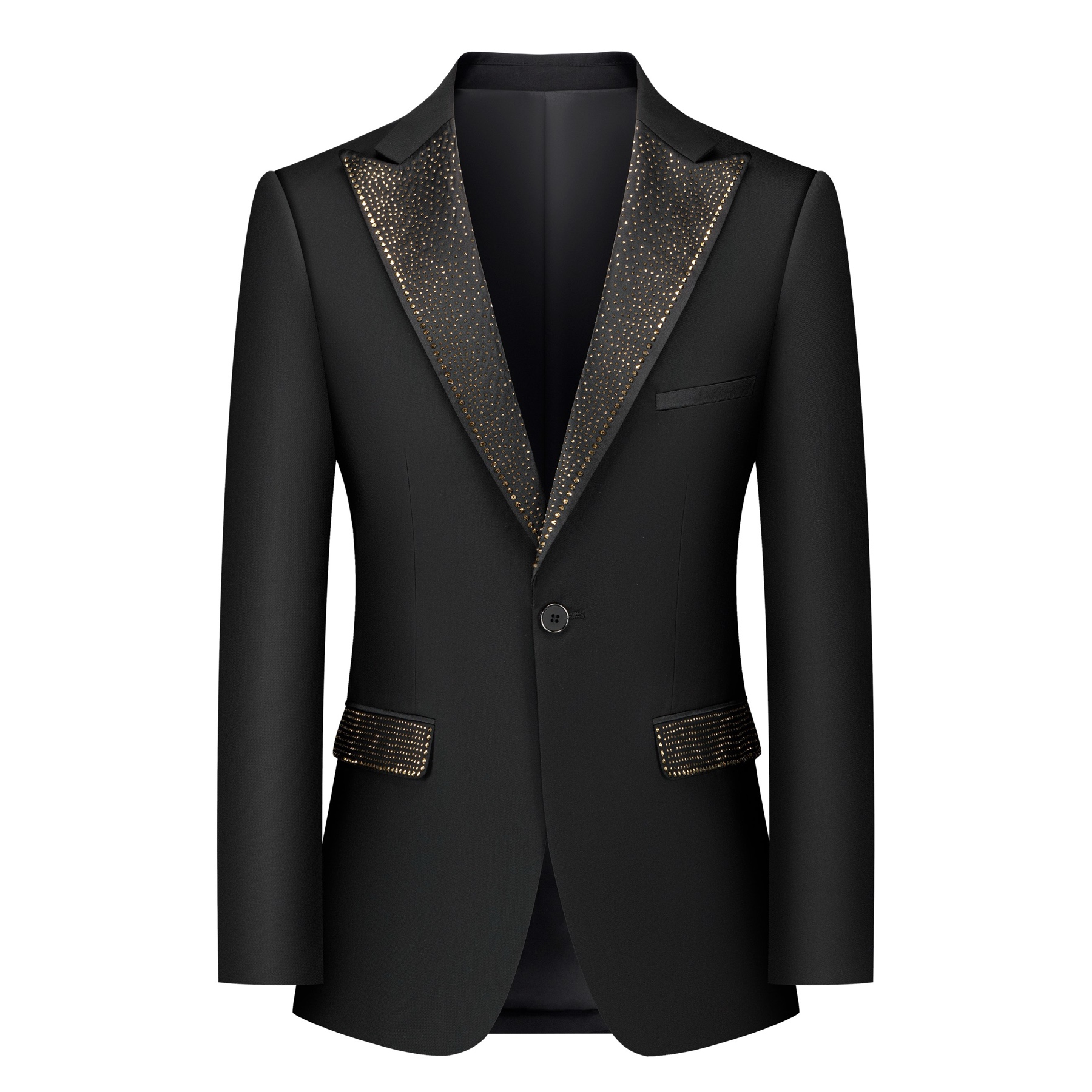 Front view of a men's black slim fit 3-piece suit with gold sequin lapels and pocket trim, including blazer, vest, and