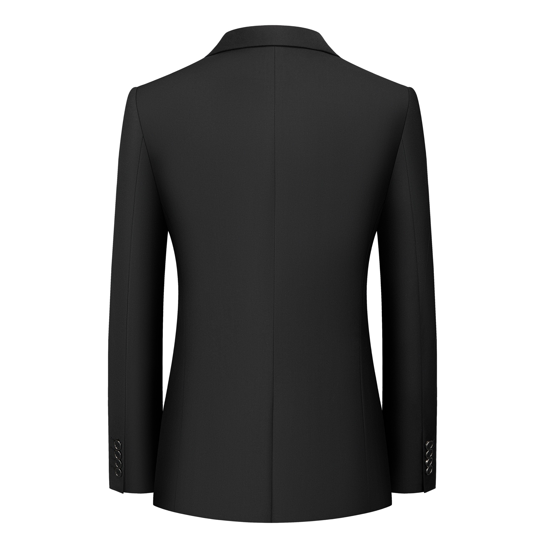 Front view of a men's black slim fit 3-piece suit with gold sequin lapels and pocket trim, including blazer, vest, and