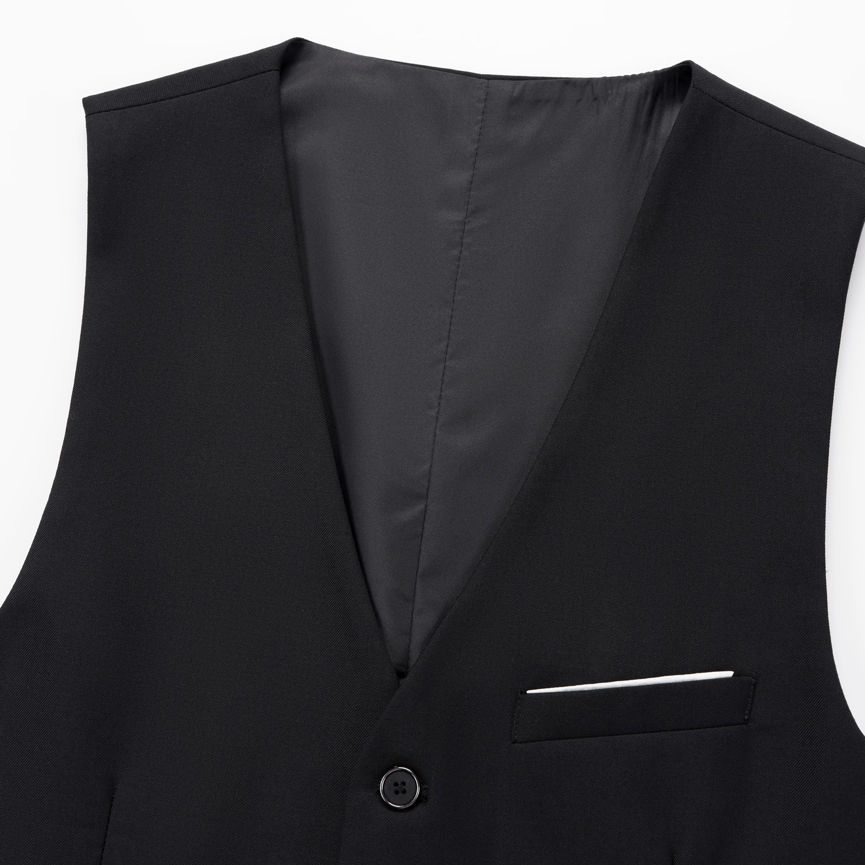 Front view of a men's black slim fit 3-piece suit with gold sequin lapels and pocket trim, including blazer, vest, and