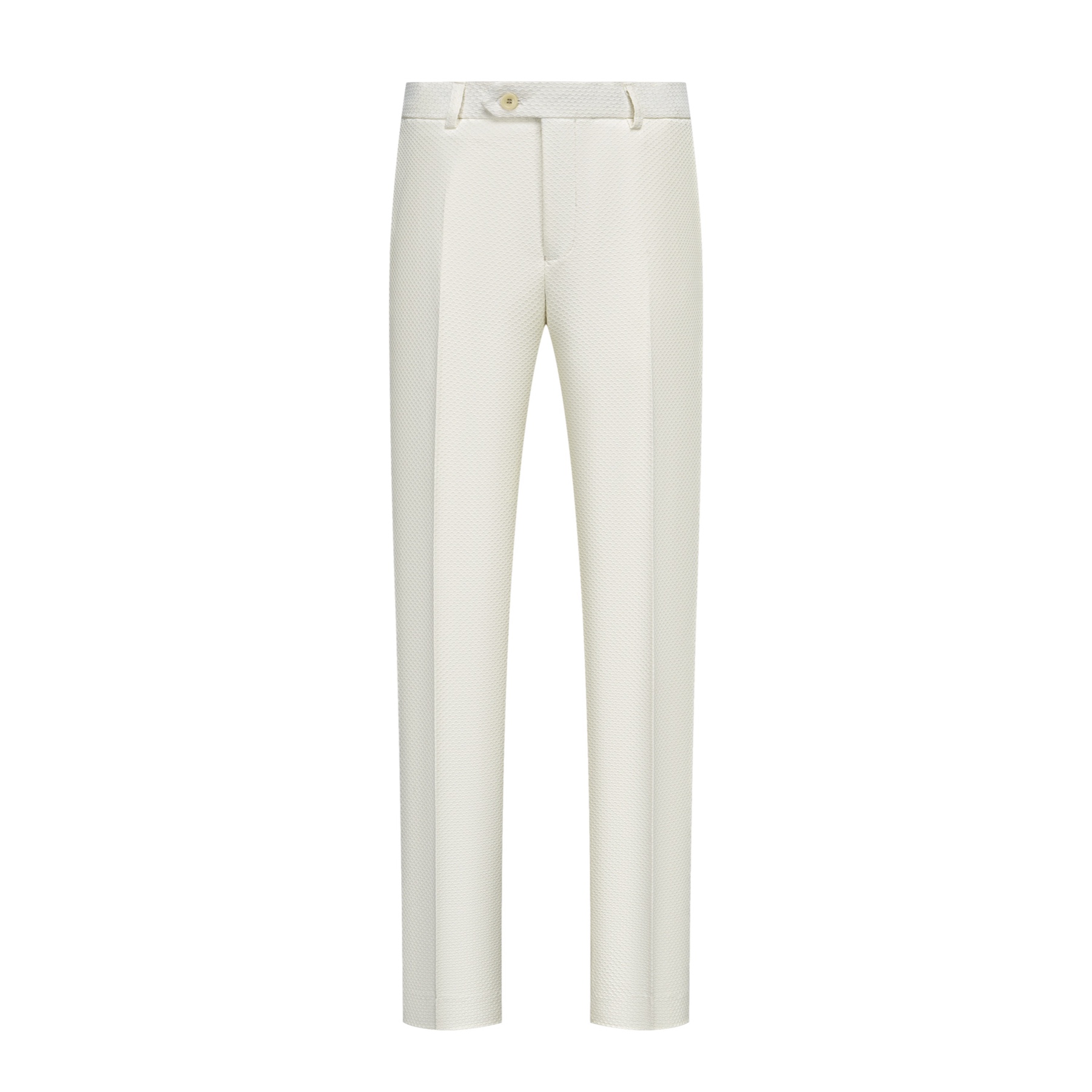 Front view of a Doohoob men's white textured double-breasted suit with shawl lapel and matching trousers.