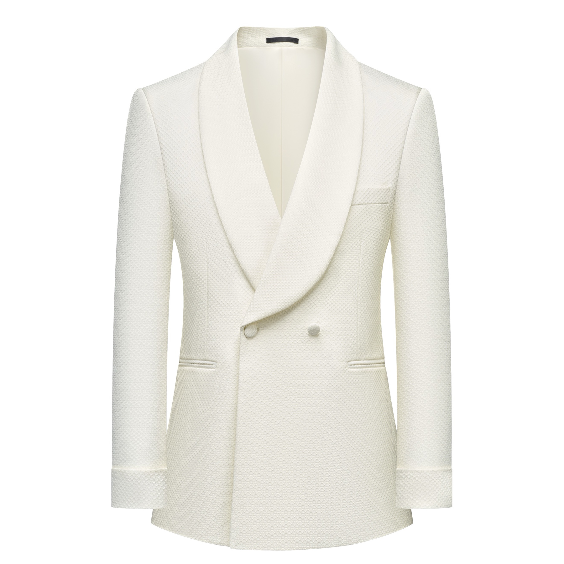 Front view of a Doohoob men's white textured double-breasted suit with shawl lapel and matching trousers.