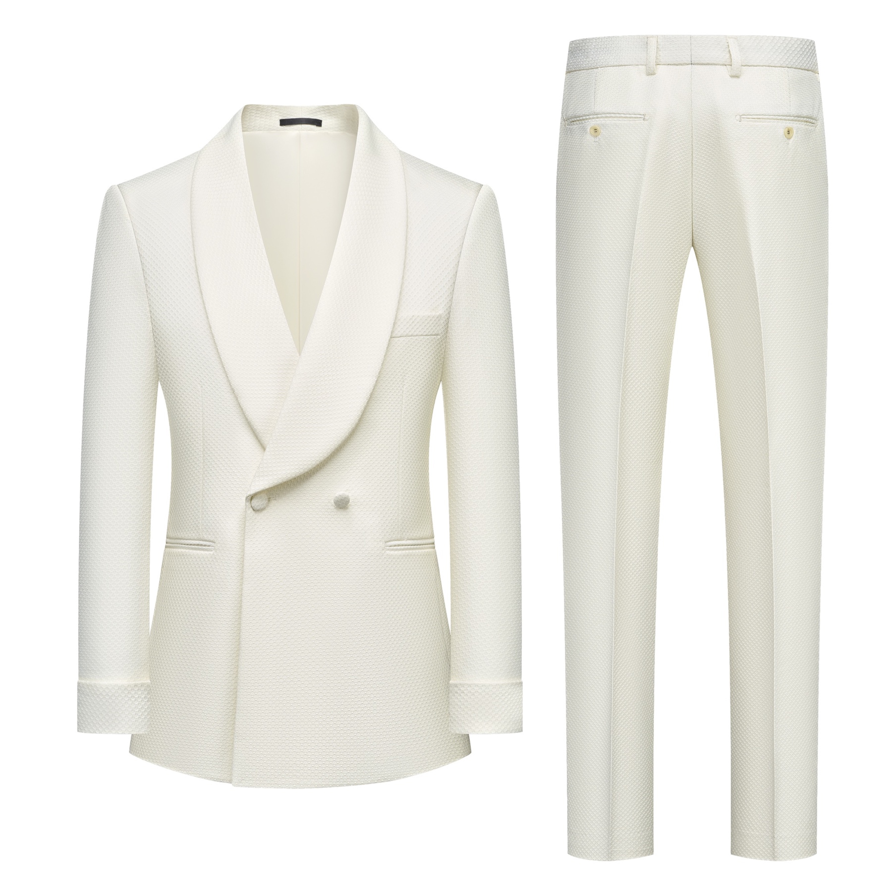 Front view of a Doohoob men's white textured double-breasted suit with shawl lapel and matching trousers.
