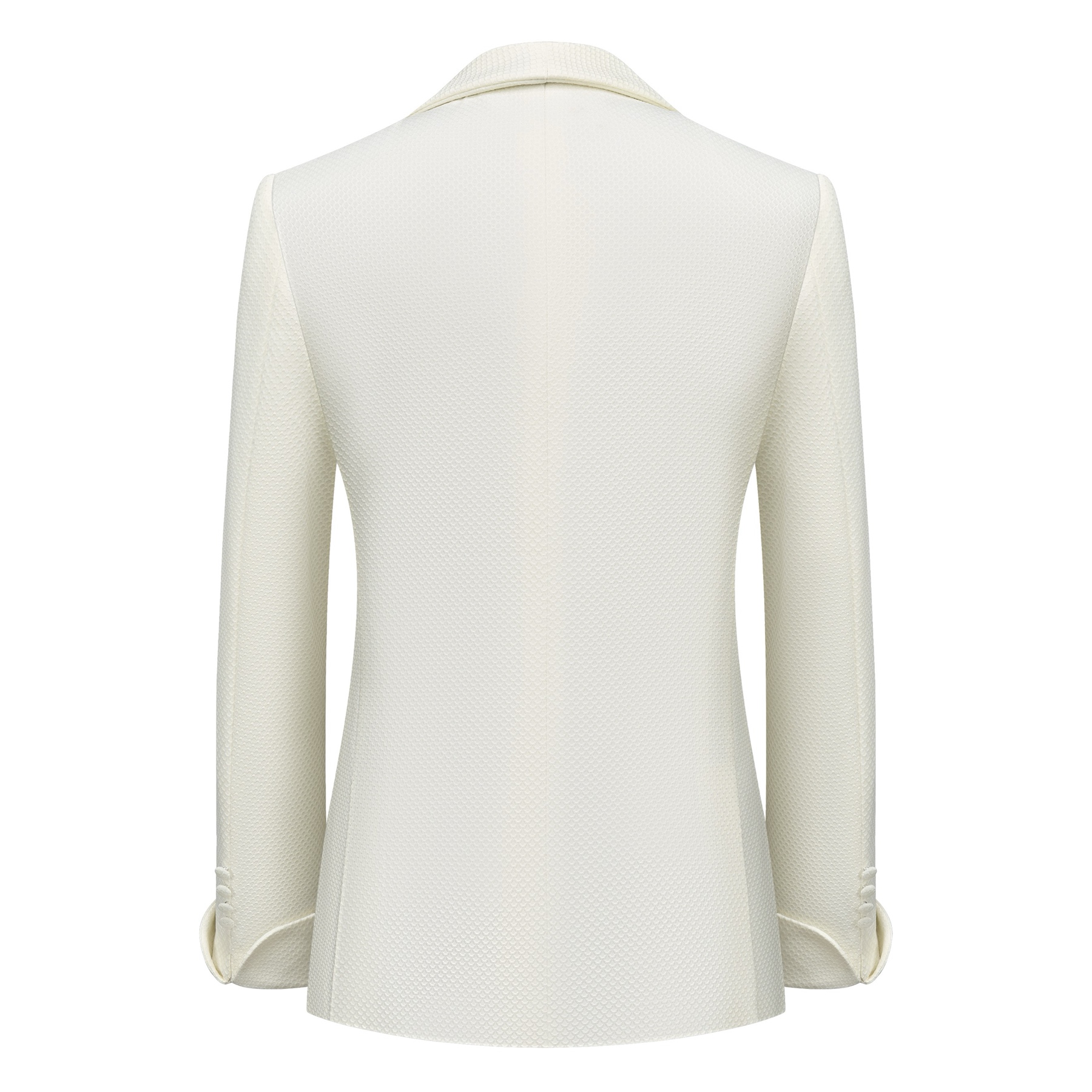 Front view of a Doohoob men's white textured double-breasted suit with shawl lapel and matching trousers.