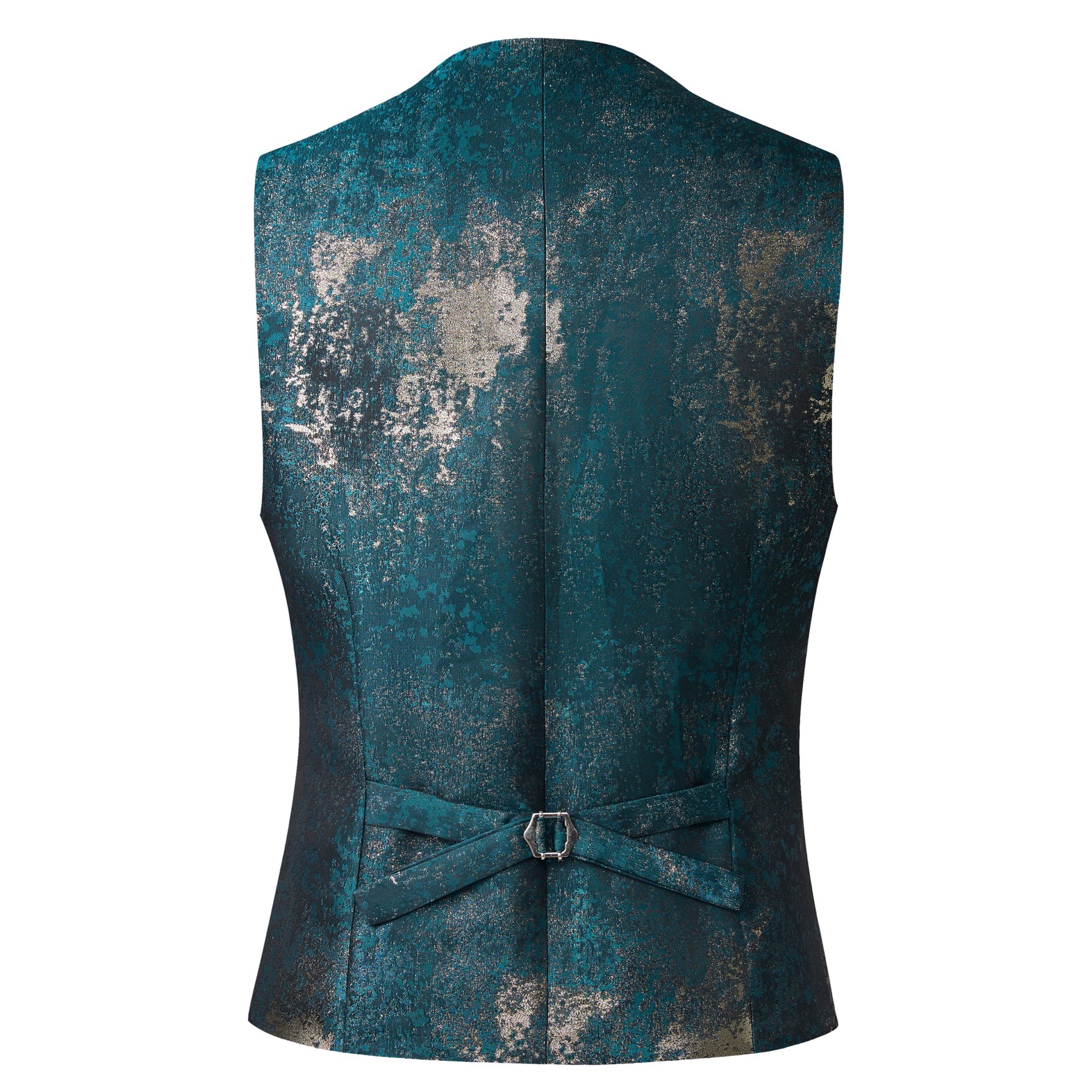 Back view of a men's teal and gold metallic print suit jacket with a black shawl lapel.