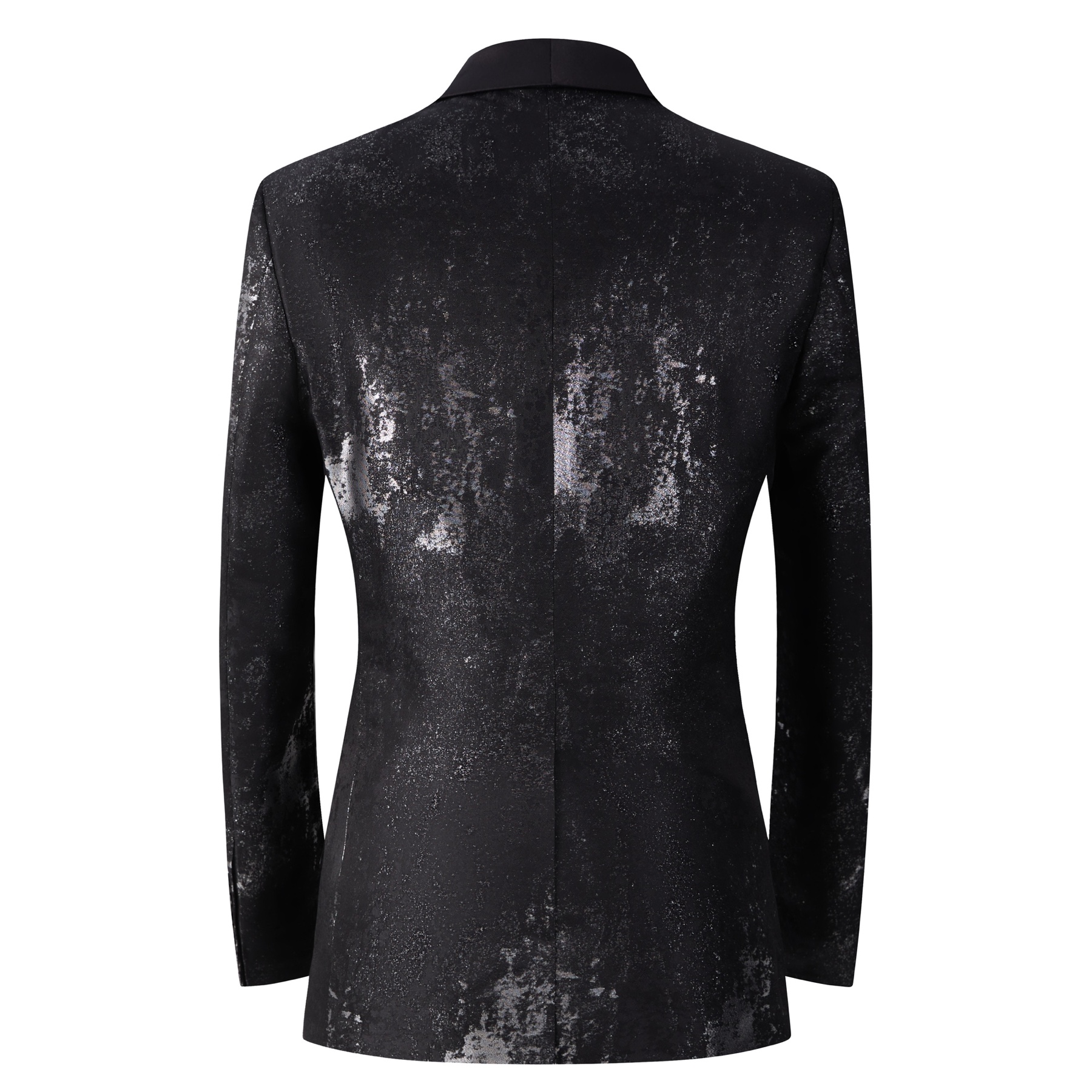 Back view of a men's black suit jacket with silver distressed metallic print