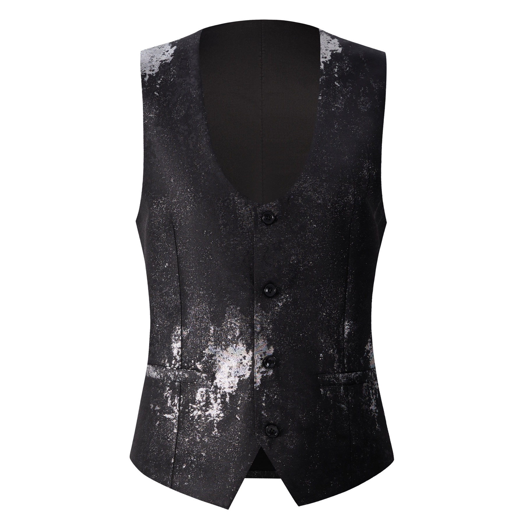 Back view of a men's black suit jacket with silver distressed metallic print