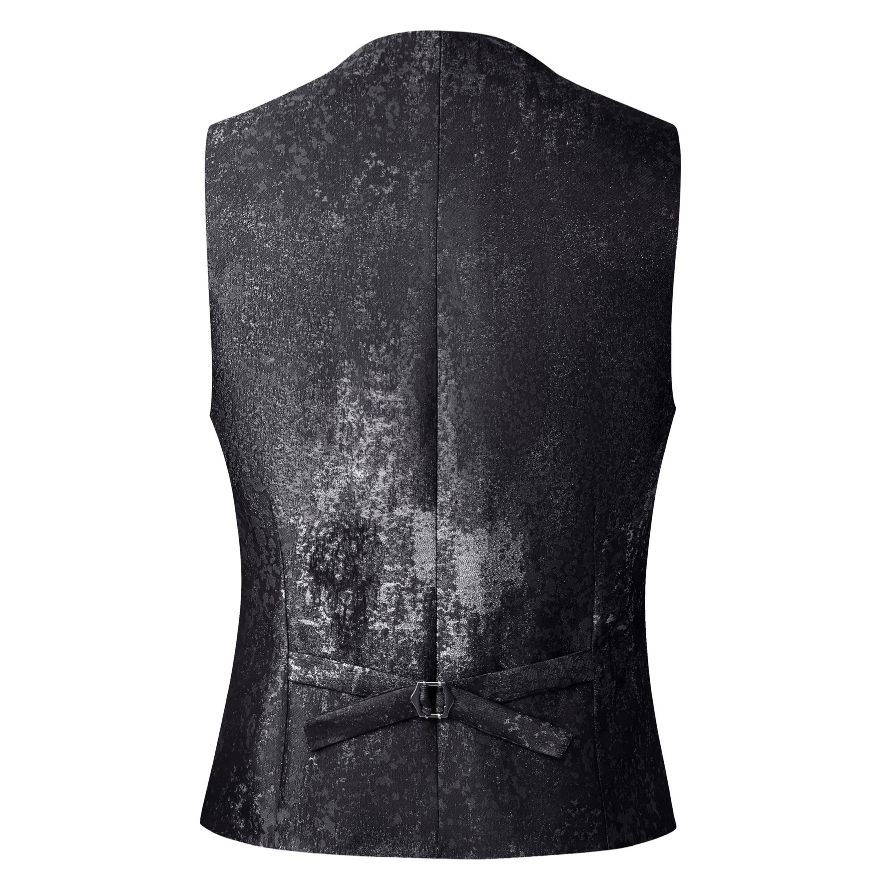 Back view of a men's black suit jacket with silver distressed metallic print