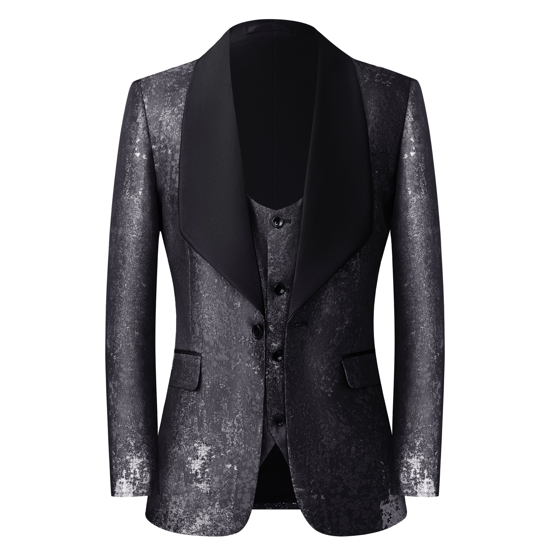 Back view of a men's black suit jacket with silver distressed metallic print