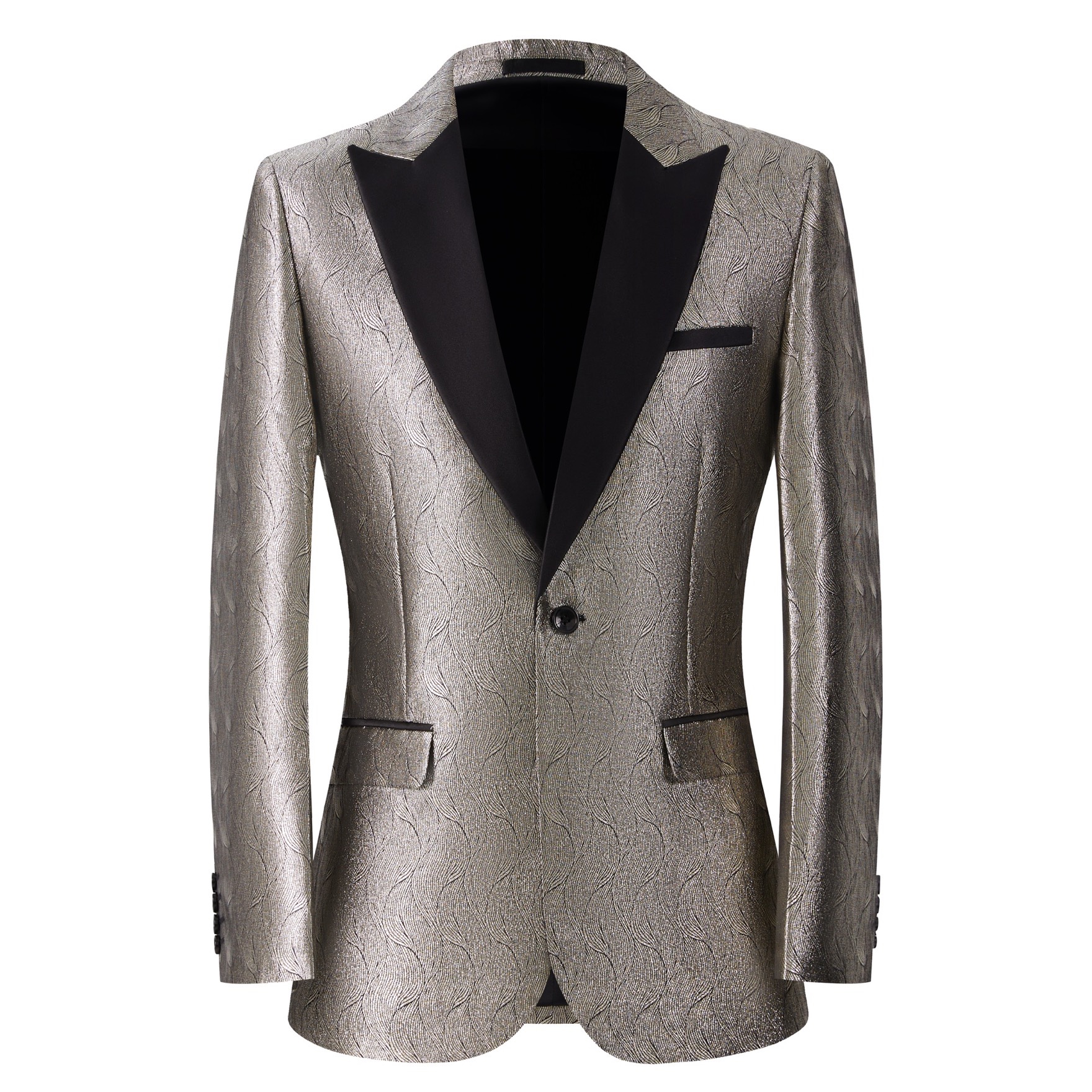 Front view of a men's metallic champagne gold patterned tuxedo jacket with a black shawl lapel and one button closure.