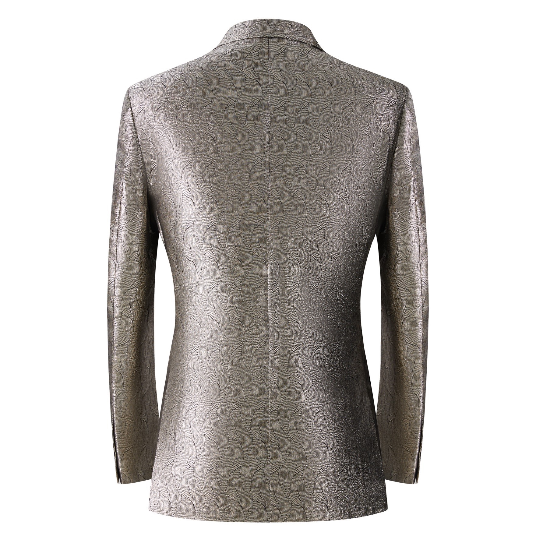 Front view of a men's metallic champagne gold patterned tuxedo jacket with a black shawl lapel and one button closure.