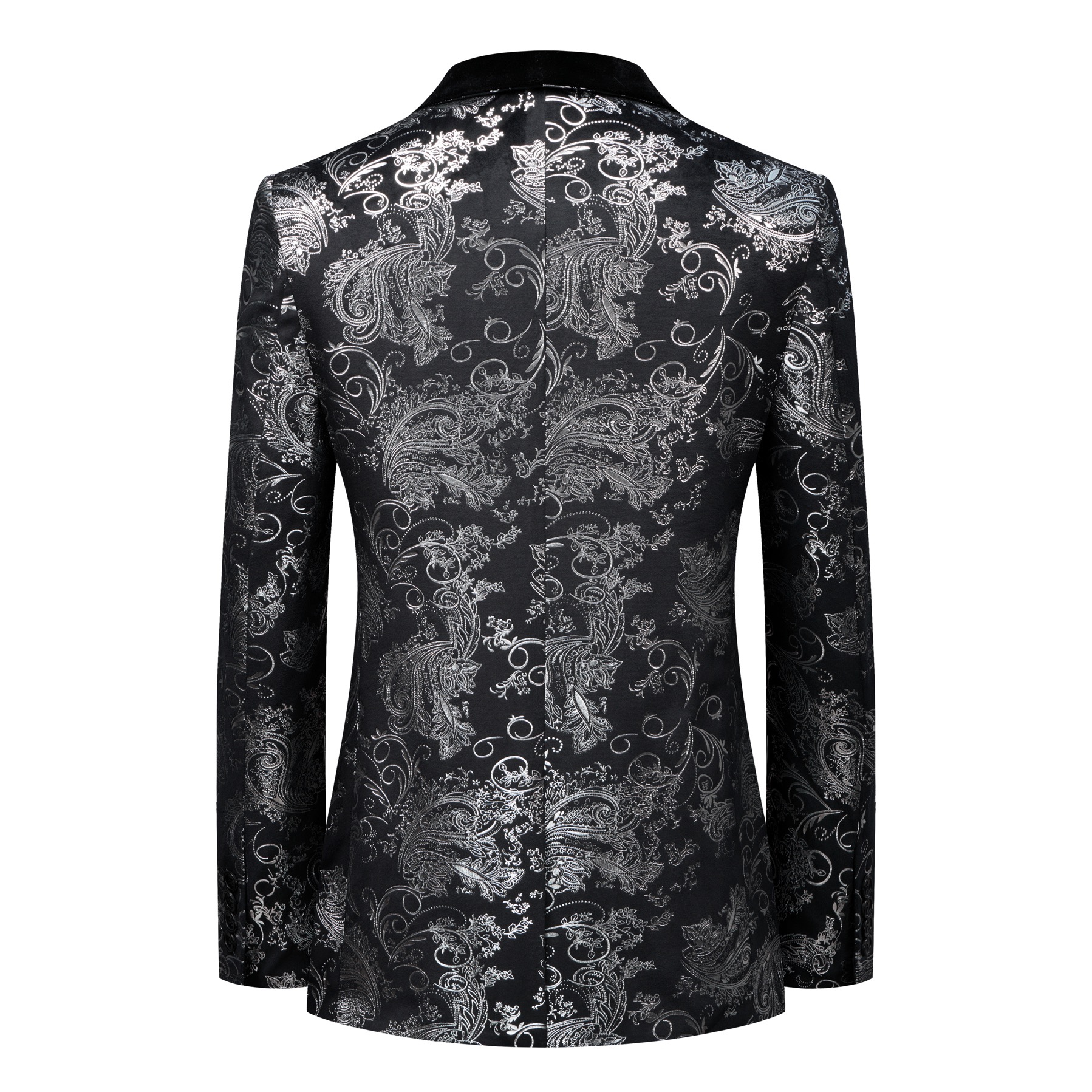 Front view of a men's black blazer with silver paisley pattern and black velvet shawl lapel.