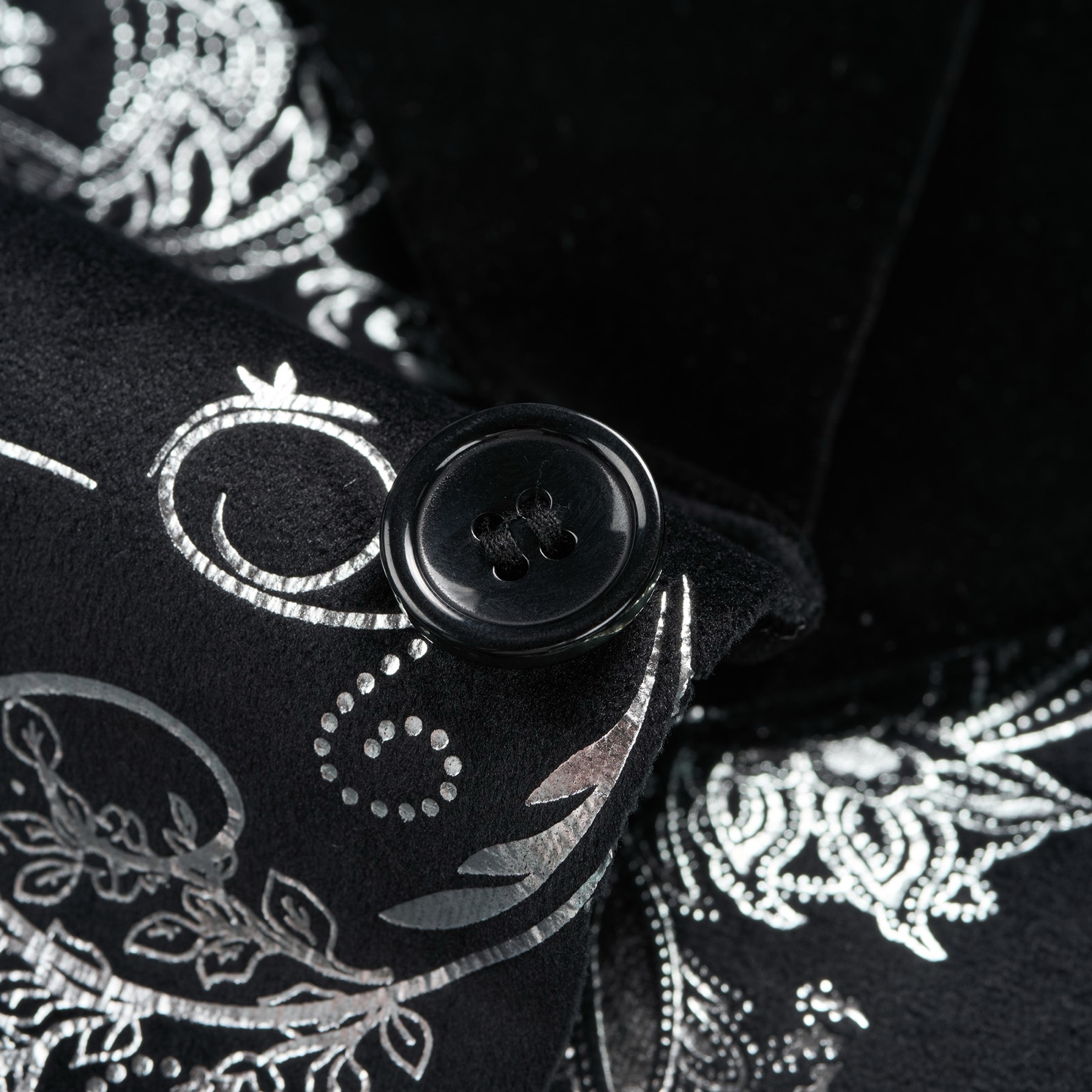 Front view of a men's black blazer with silver paisley pattern and black velvet shawl lapel.