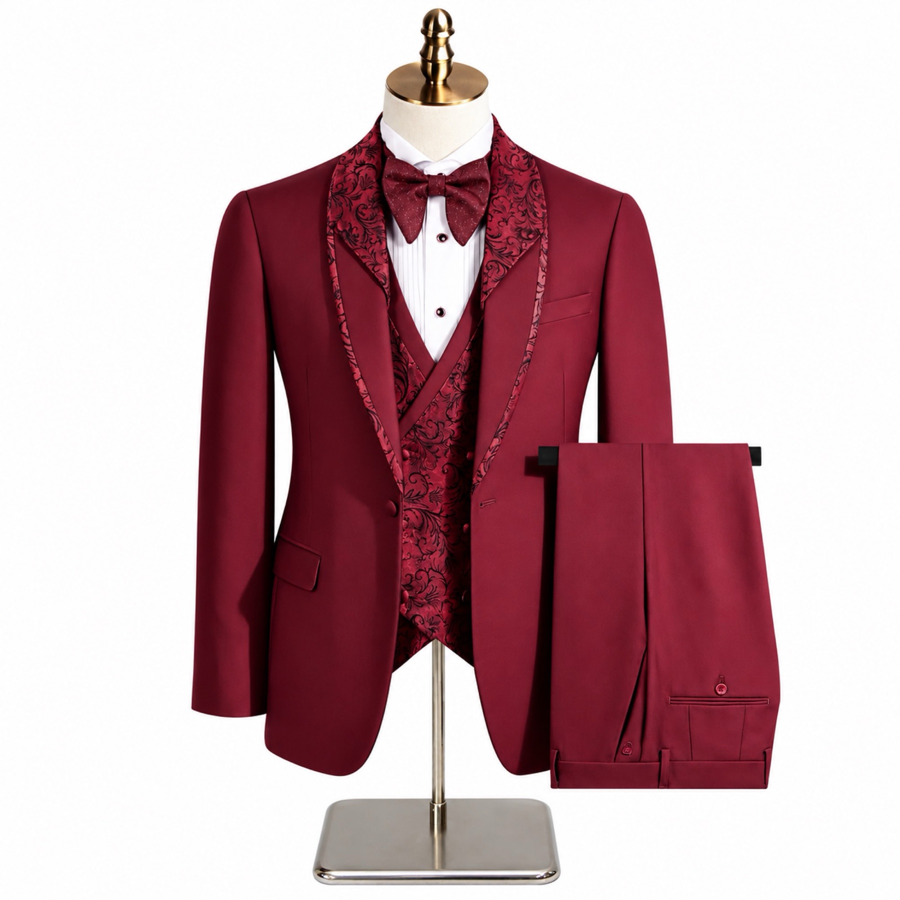 Black men's 3-piece tuxedo suit with silver and black patterned shawl lapel and matching vest, worn on a mannequin.