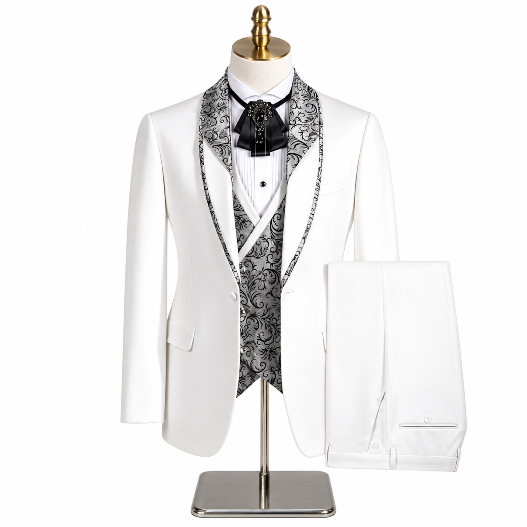 Black men's 3-piece tuxedo suit with silver and black patterned shawl lapel and matching vest, worn on a mannequin.