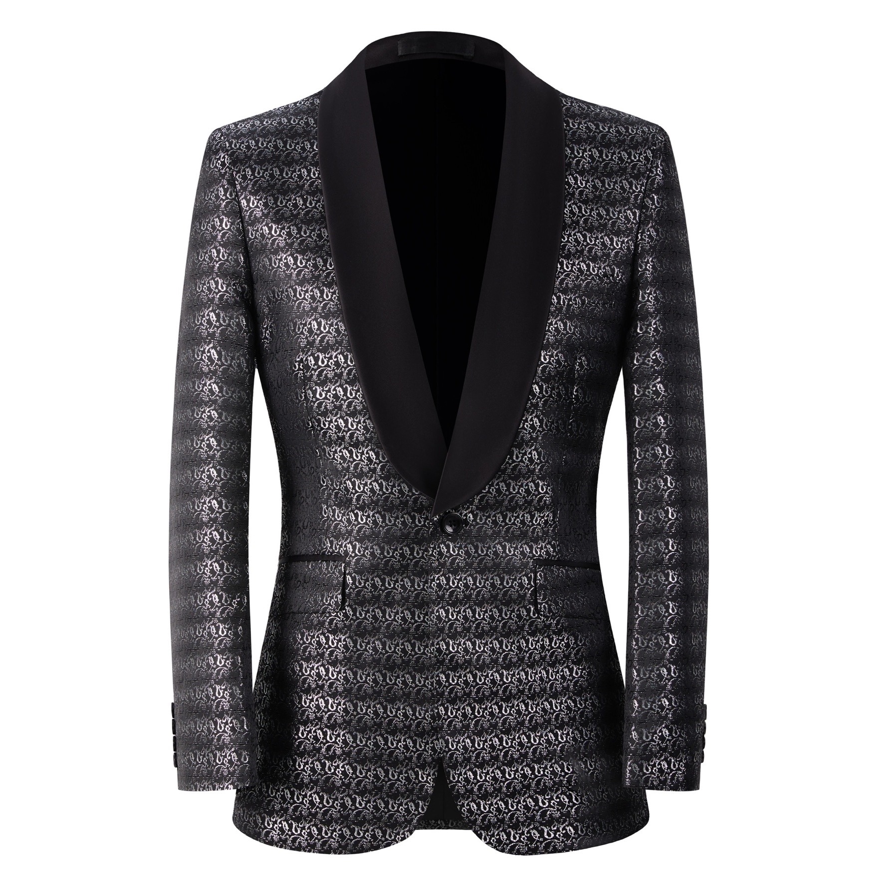 Front view of a men's black and silver patterned tuxedo jacket with a satin shawl lapel.