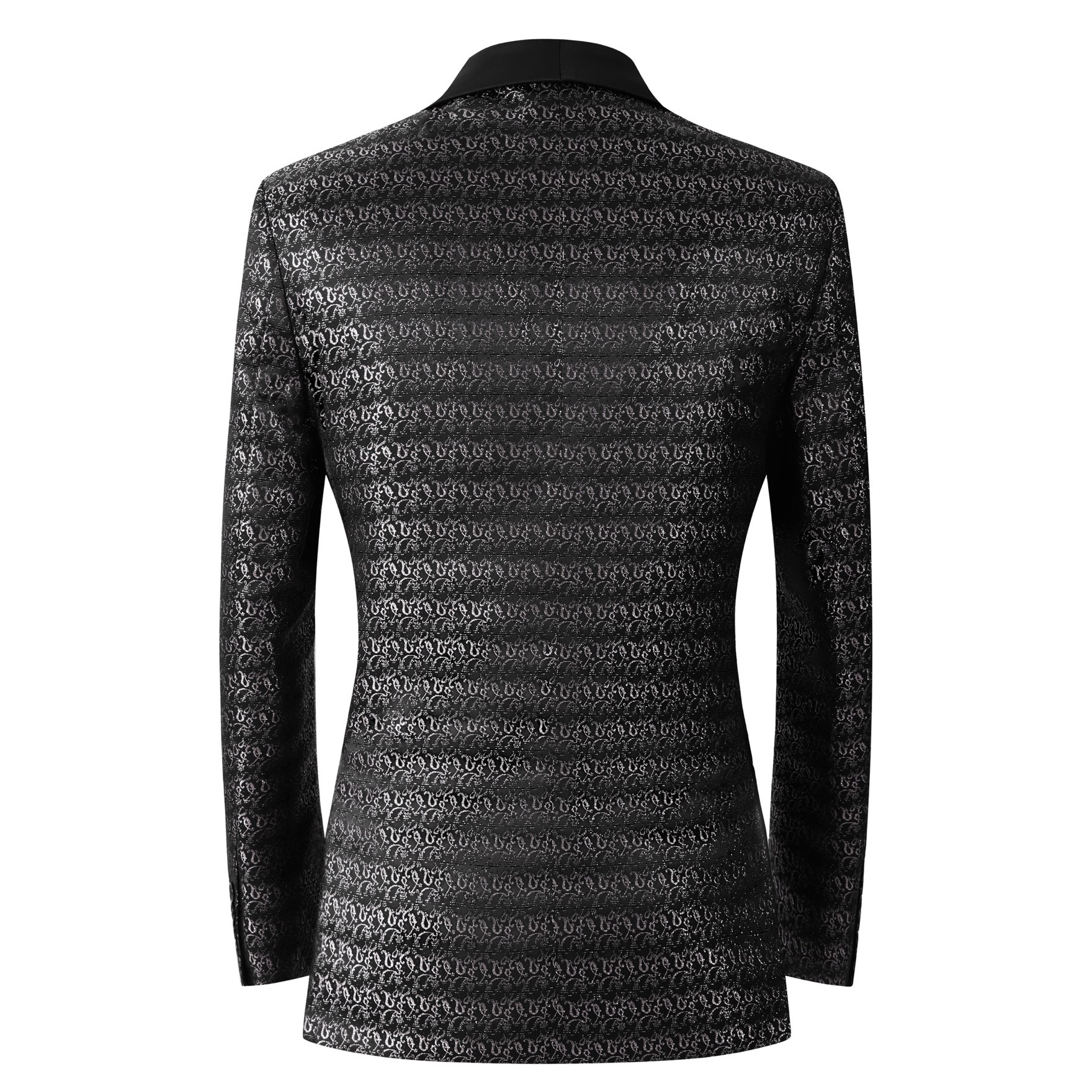 Front view of a men's black and silver patterned tuxedo jacket with a satin shawl lapel.