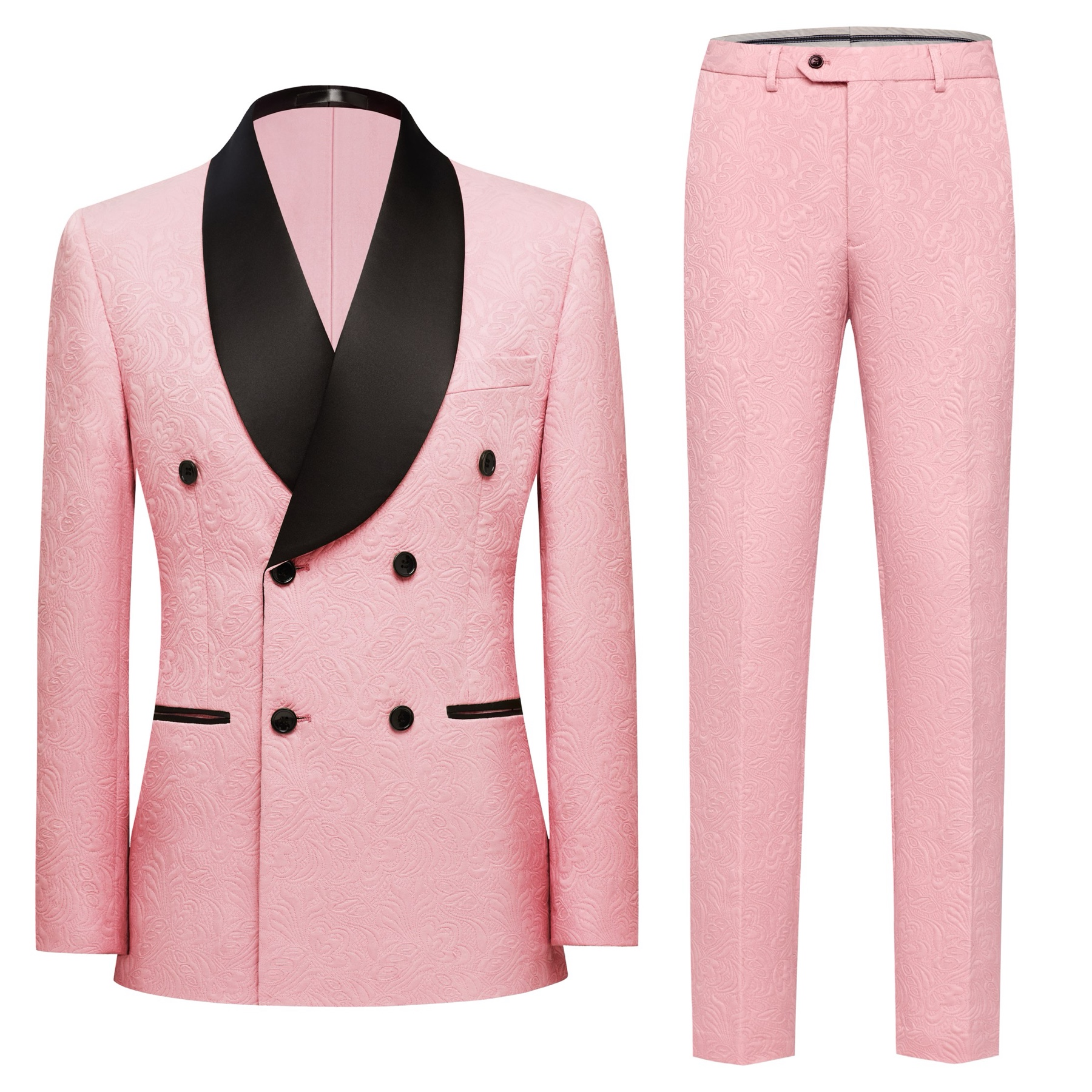 Front view of a men's pink jacquard double-breasted suit with a black shawl lapel and matching trousers.