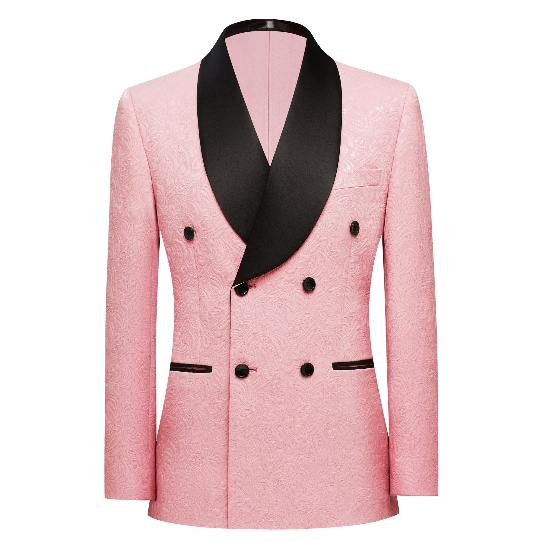 Front view of a men's pink jacquard double-breasted suit with a black shawl lapel and matching trousers.