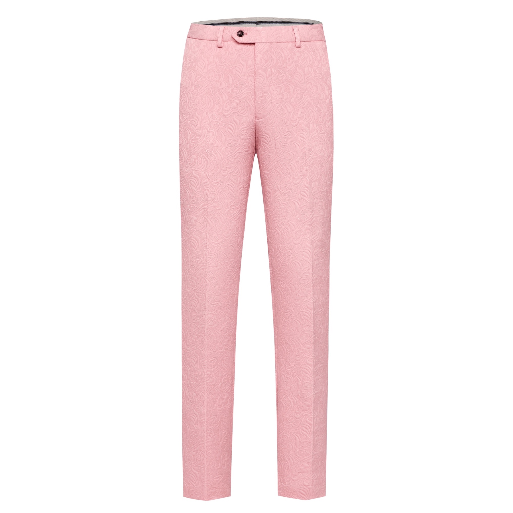 Front view of a men's pink jacquard double-breasted suit with a black shawl lapel and matching trousers.