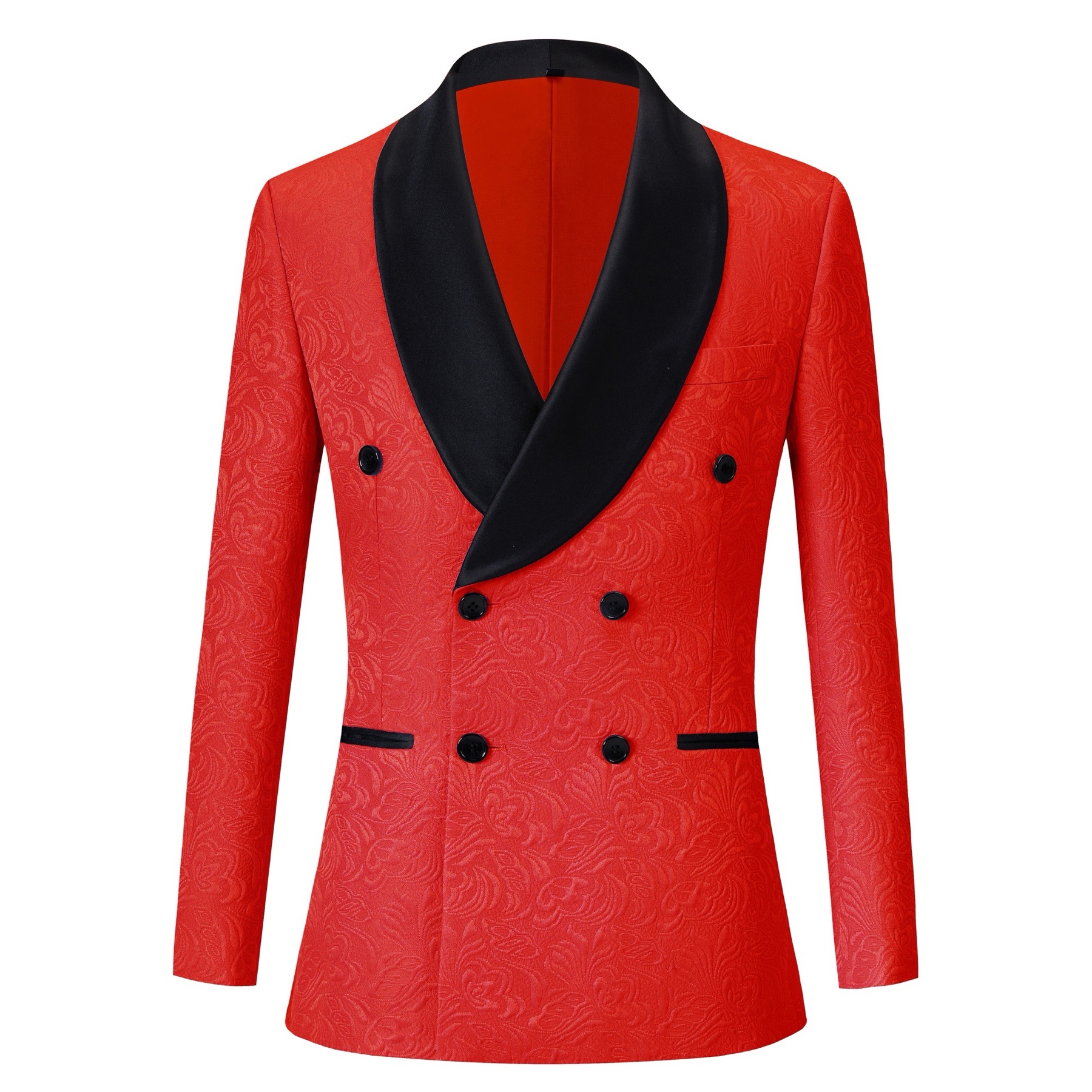 Front view of a men's red jacquard double-breasted suit with black shawl lapels and matching pants.