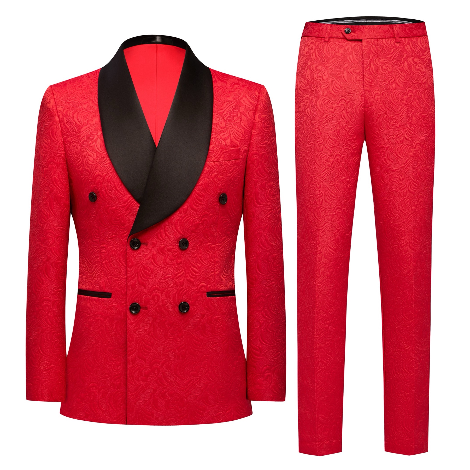 Front view of a men's red jacquard double-breasted suit with black shawl lapels and matching pants.