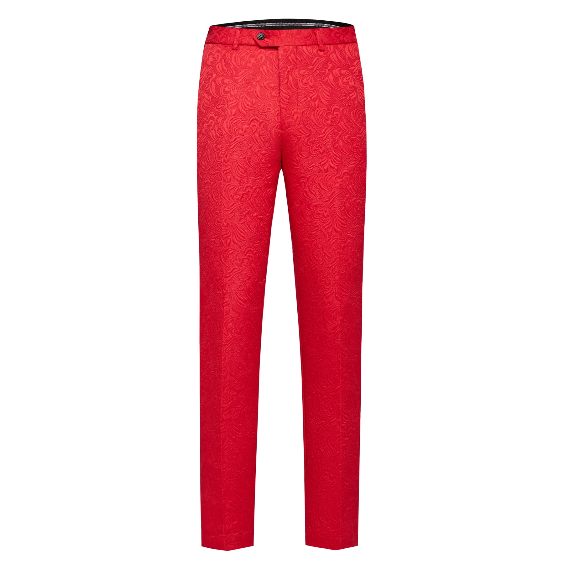 Front view of a men's red jacquard double-breasted suit with black shawl lapels and matching pants.