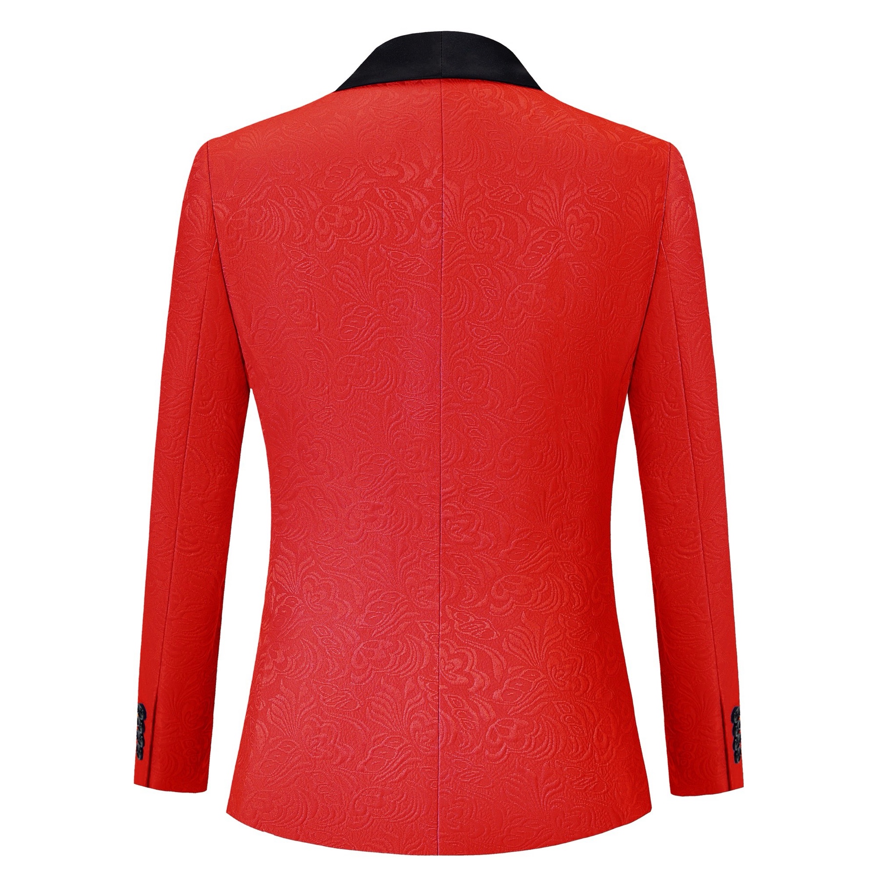 Front view of a men's red jacquard double-breasted suit with black shawl lapels and matching pants.